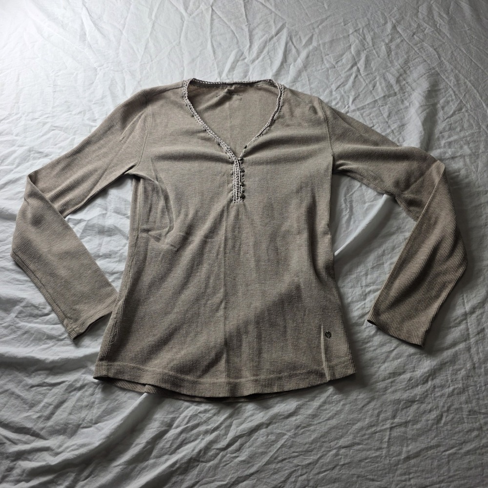 Eddie Bauer women's shirt Waffle Knit Henley Top Crochet brown small cottagecore